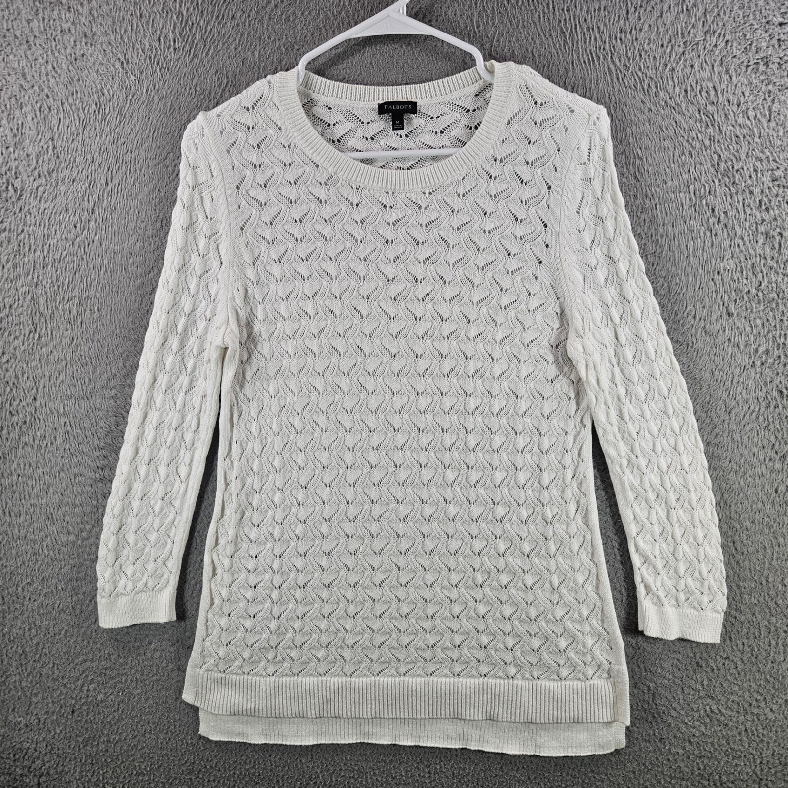 Talbots Womens White Cotton Linen Pointelle Knit Chevron Sweater Size M Ivory